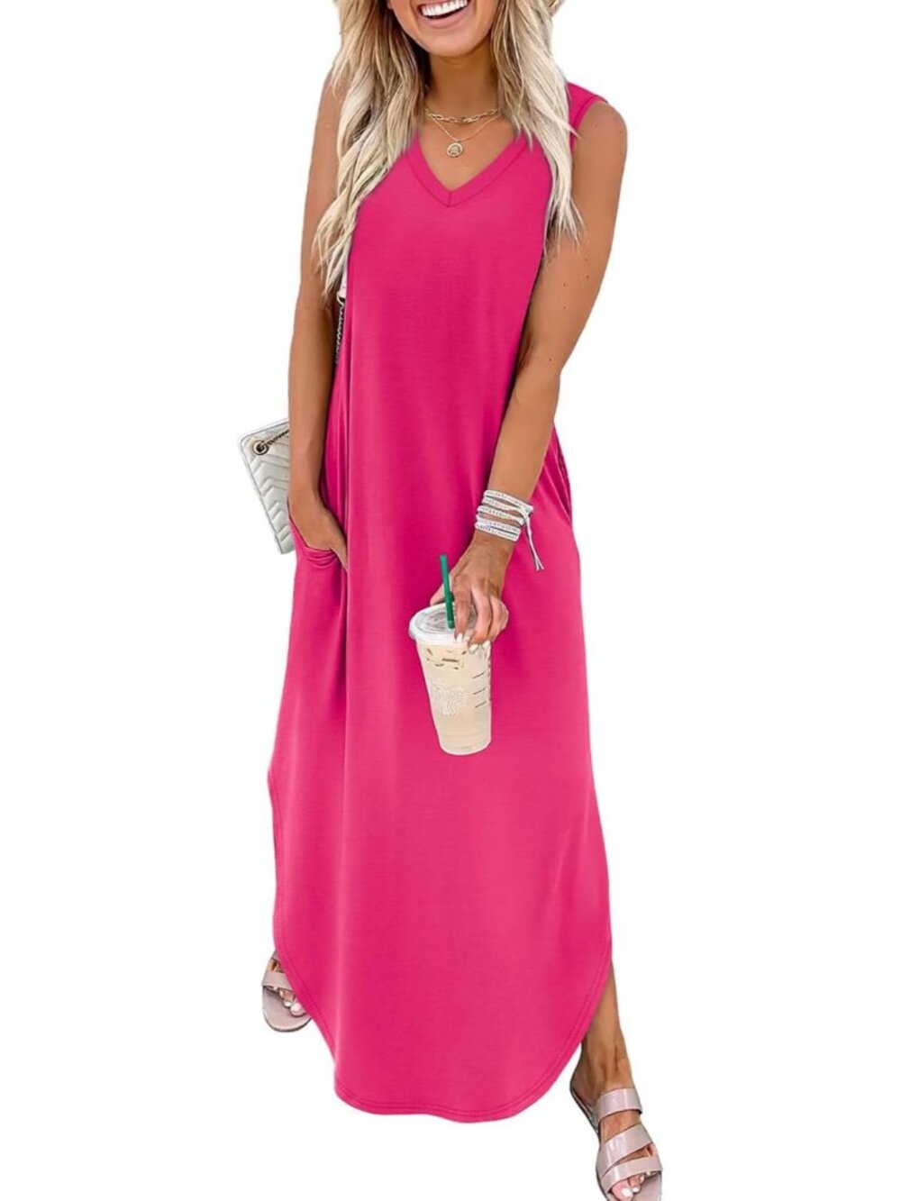 Women's Hot Pink Summer Maxi Dress Beach Sundress with Pocket